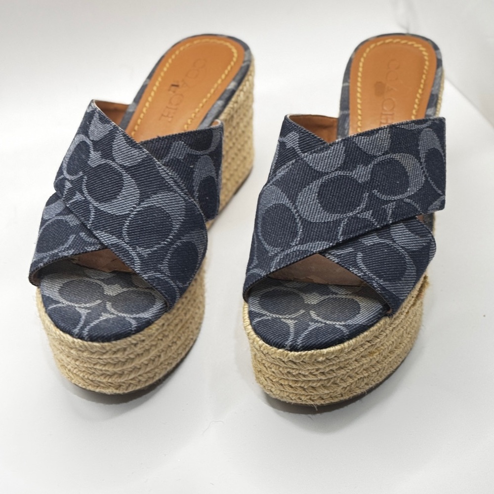 Coach-Denim Monogram Wedge Espadrille-slides 
Women size 6.5 
3" wedge heel
